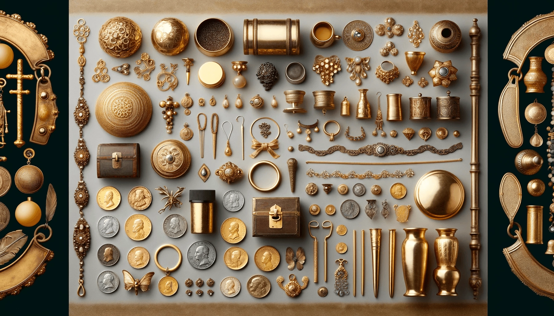 Brass and gold items laid next to each other on a table
