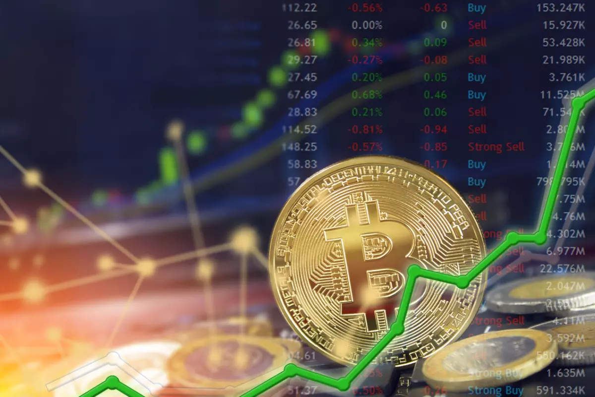 Bitcoin with a green graph increasing 