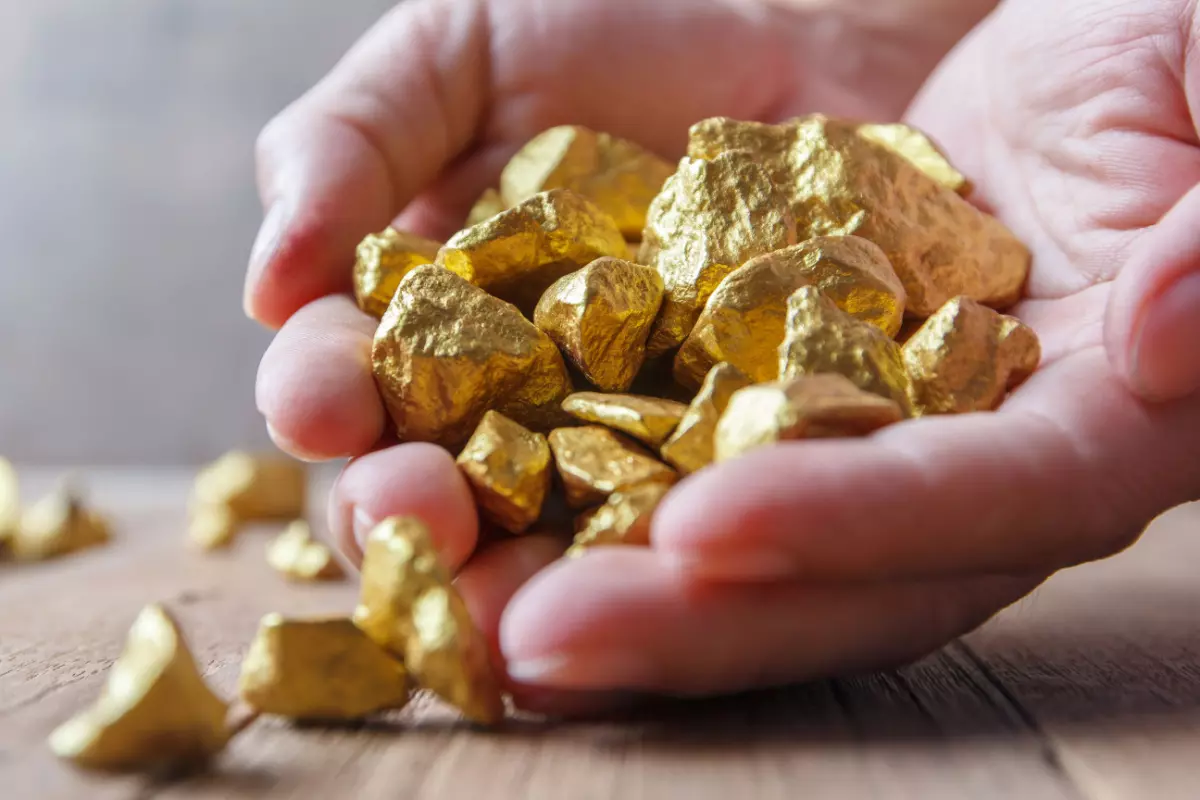Close up on a handful of gold nuggests